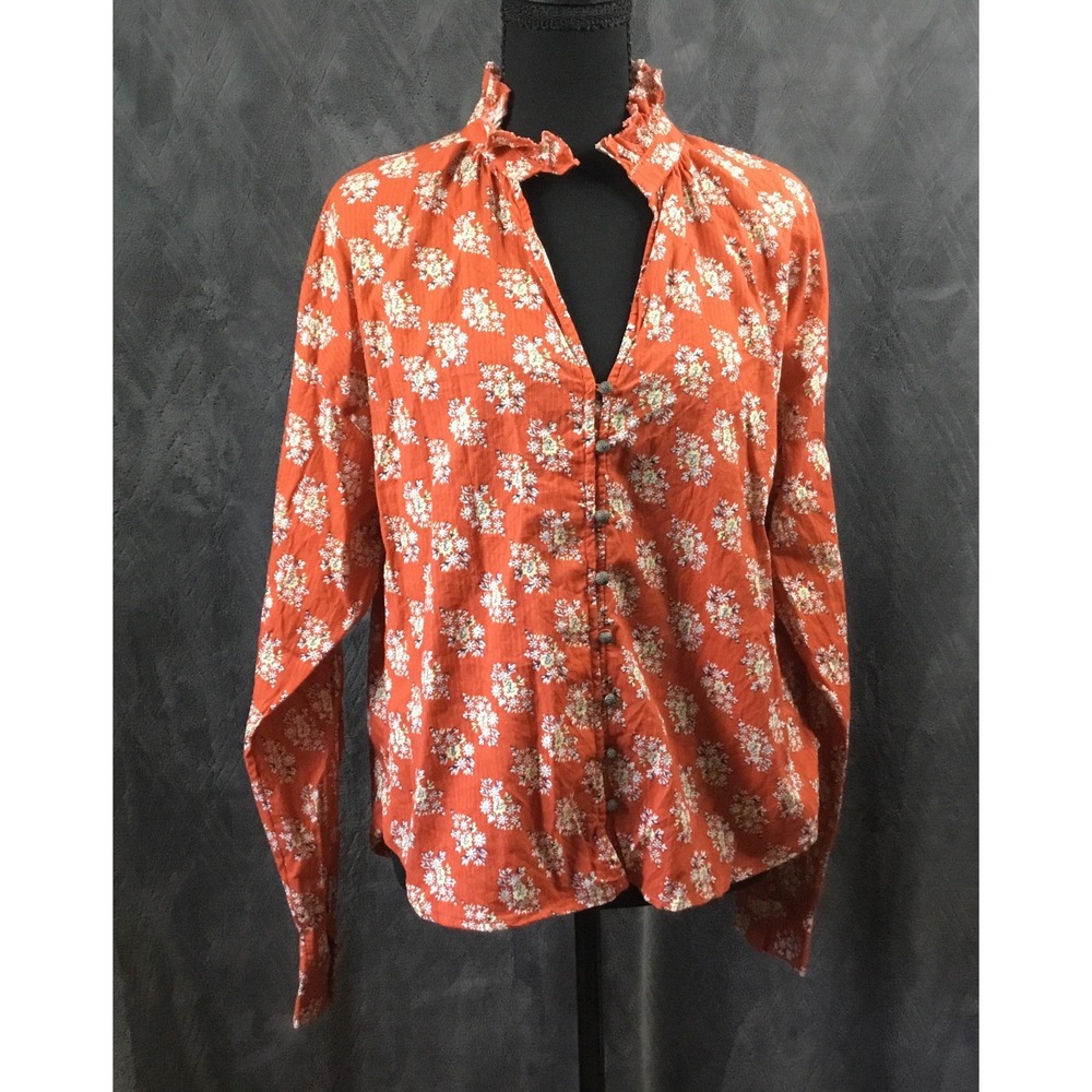 Anthropologie Pilcro Floral Print Blouse Cotton Ruffle Neck Fringe Orange M Boho